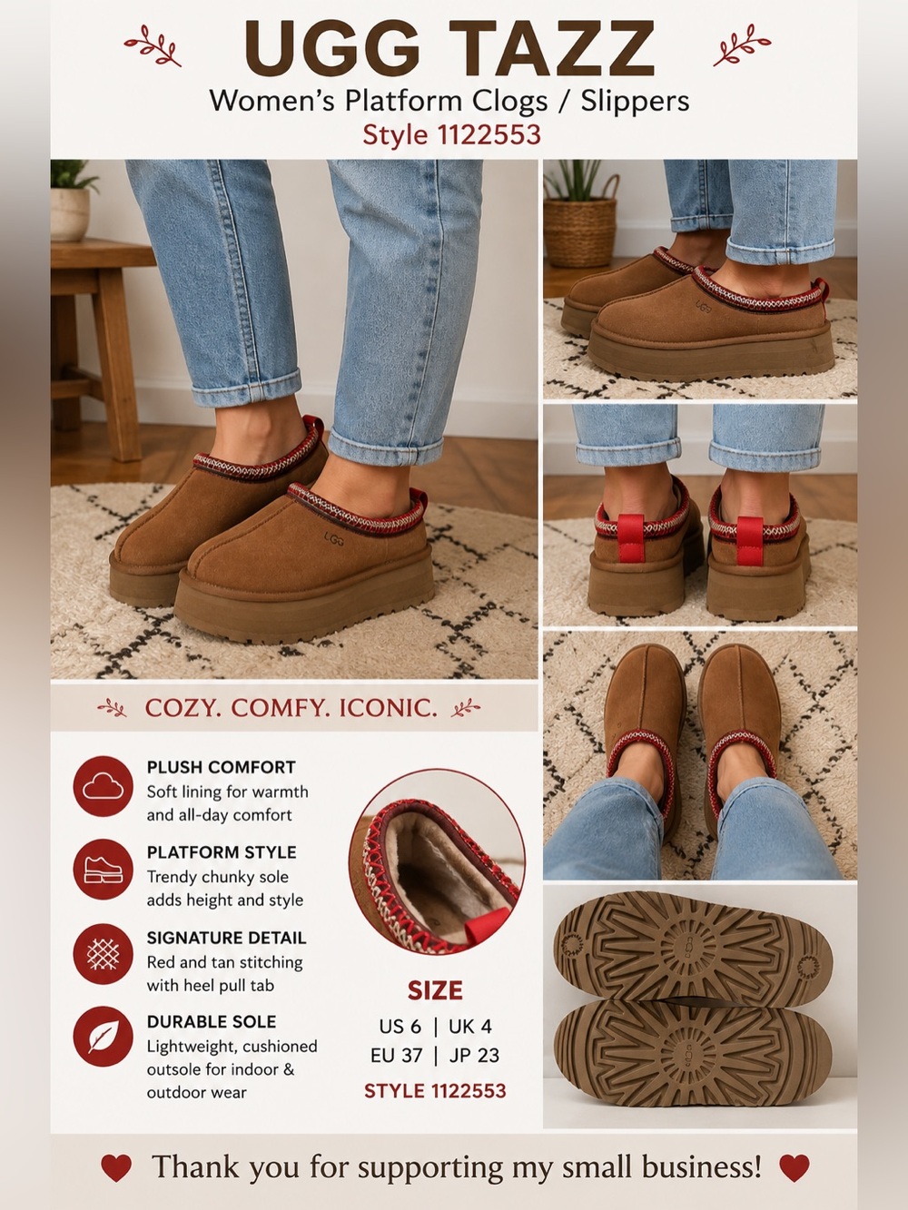UGG Women’s Size 6 Tazz Chestnut Suede Platform Slippers Clogs Red Stitch 112255